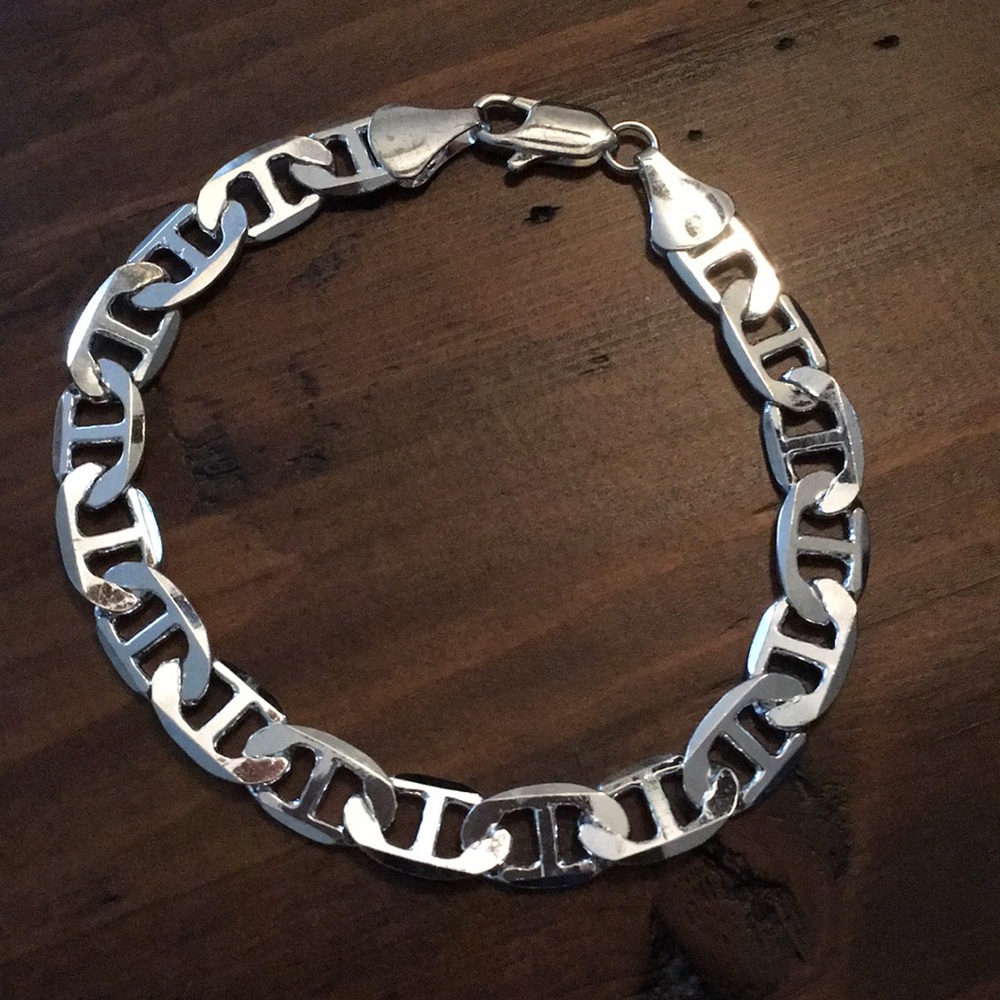 New silver plated mariner chain bracelet 9”, width 8 mm